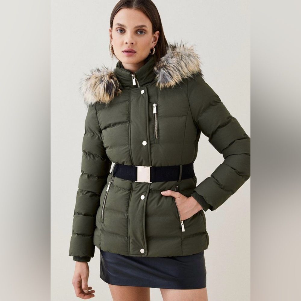 #115 KAREN MILLEN Belted Faux Fur Puffer Jacket
